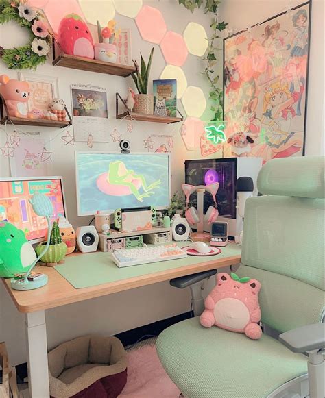 Pink And Green Kawaii Gaming Setup 🍉 Gamer Room Decor Cozy Room Decor