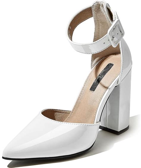 Dailyshoes Womens Fashion Pointed Toe Chunky Ankle Strap Buckle High Heels Shoes White Patent