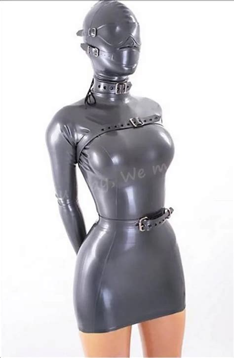 Latex Bondage Dress Rubber Bondage Attached Gloves Eye Shade Latex Belt Latex Costume Christmas