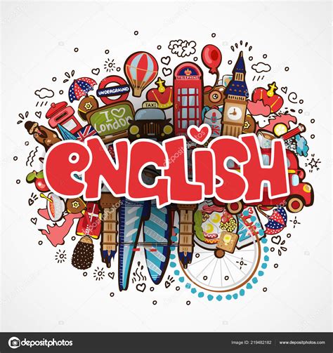 Word English On White Background With England Elements And Objects