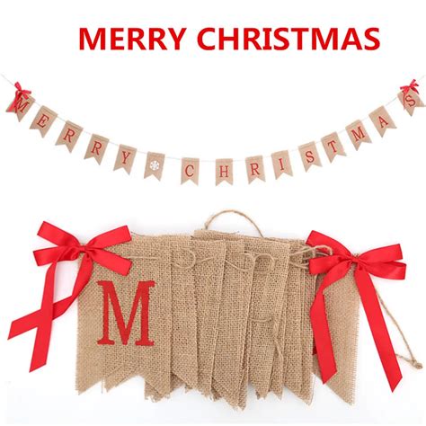 2018 14pc Flagsset Merry Christmas Linen Flag Banner With Bows Linen