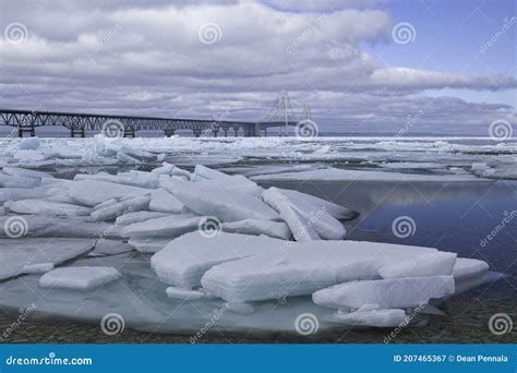 Blue Ice Shards And Mackinac Bridge Stock Image Image Of Color Blue