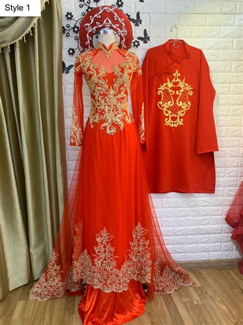 Traditional Vietnamese Wedding Ao Dai In Red With Gold Lace And Train