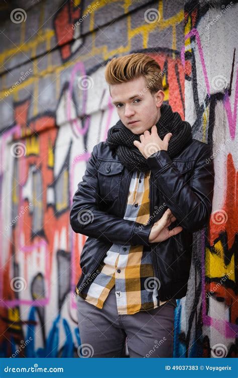fashion male portrait on graffiti wall stock image image of checked hair 49037383