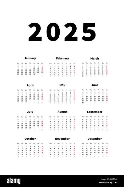 2025 Year Simple Vertical Calendar In English Language Typographic