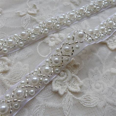Beaded Lace Trim Ivory Pearl Beaded Trim 36 Long 15 Etsy