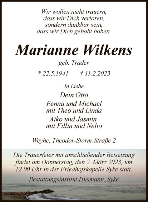 Traueranzeigen Von Marianne Wilkens Trauer Kreiszeitung De