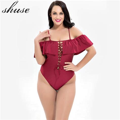 Shuse Plus Size Swimwear One Piece Women Bandage Patchwork Bodysuit Swimsuit Plus Size Monokini