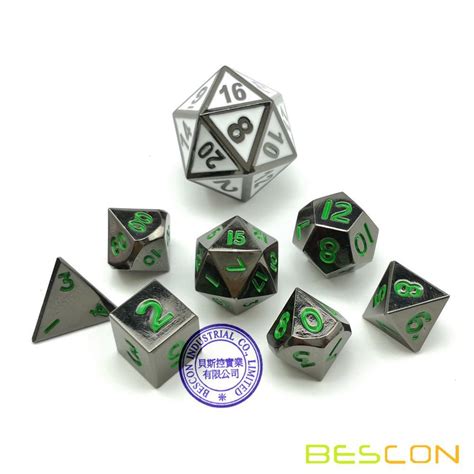 Bescon 10mm Mini Solid Metal Dice Set Glossy Black With Green Numbers