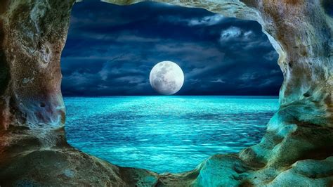 View Of Full Moon From Ocean Cave Hd Wallpaper Background Image My