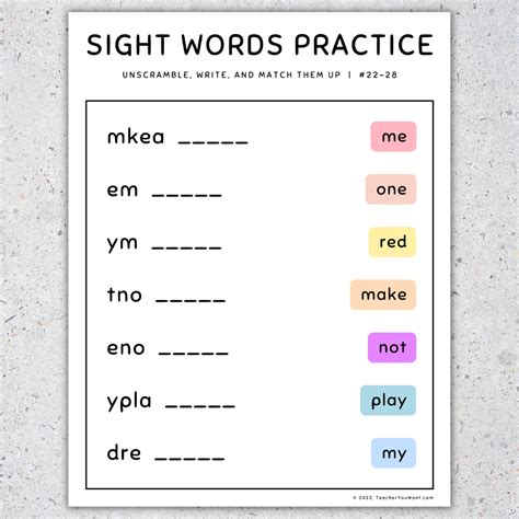 Pre Primer Sight Words Worksheets Match And Unscramble Activities Pre