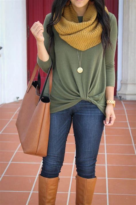 Mustard Scarf Green Twist Sweater Dark Skinnies Tote Womenshatsdiy Casual Fall Outfits