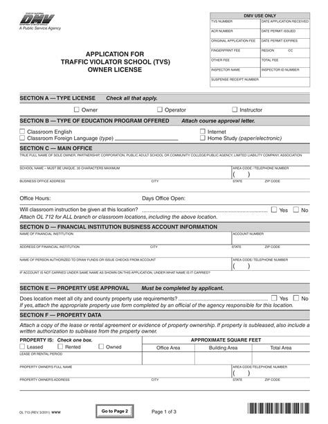 CA DMV Form OL 713. Application for Traffic Violator School (TVS) Owner