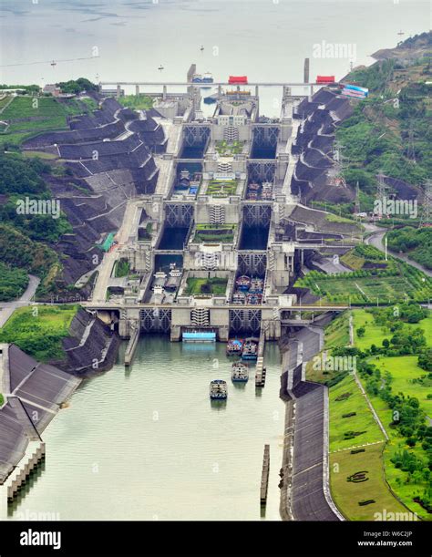 an aerial view of the five level ship lock of the three gorges dam operated by china three