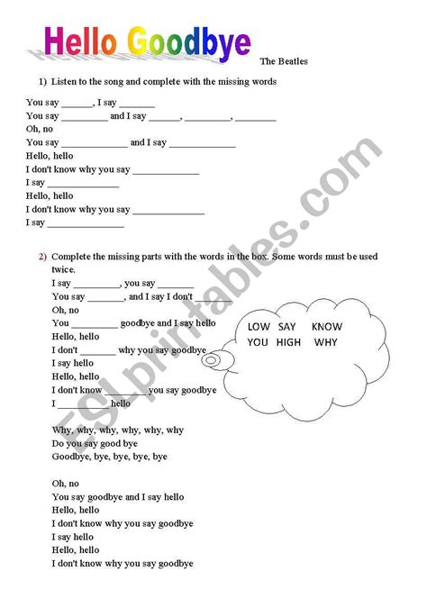 English Worksheets Hello Goodbye