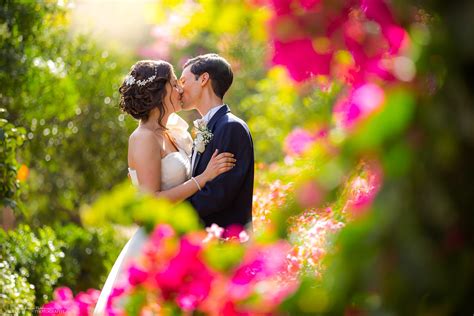Bride And Groom Kiss In The Colourful Gardens Of Their Wedding Reception