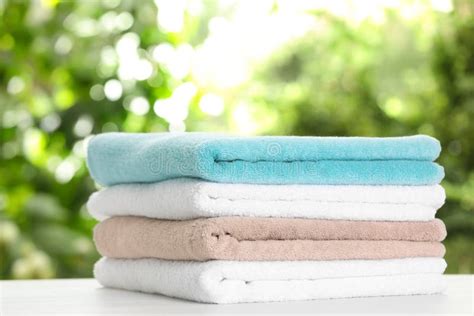 Stack Of Clean Soft Towels On Table Stock Image Image Of Domestic