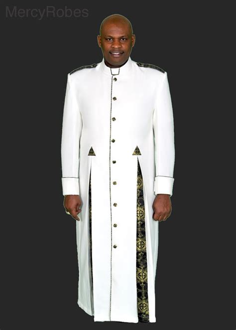 This magnificent white robe, an example of robes for clergy is an awesome reflection of the glory of god. CLERGY ROBE LCR165 2 PLEAT (CREAM/BLK-GOLD) | Mercy Robes