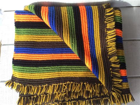 Vintage 70s Hand Crocheted Afghan Blanket Lap Throw Stripes Gold Yellow