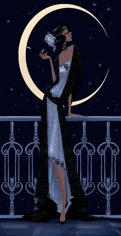 Woman Standing On A Balcony And The Moon Art Art Deco Posters Art Deco