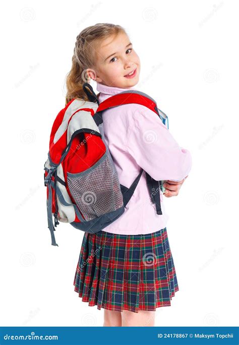Little Blond School Girl With Backpack Bag Royalty Free Stock