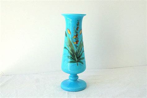 Antique Blue Opaline Glass Vase With Enameled By Abbywoodvintage