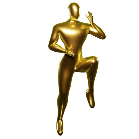 free 3d render gold stickman karate pose doing a standing position with one leg raised