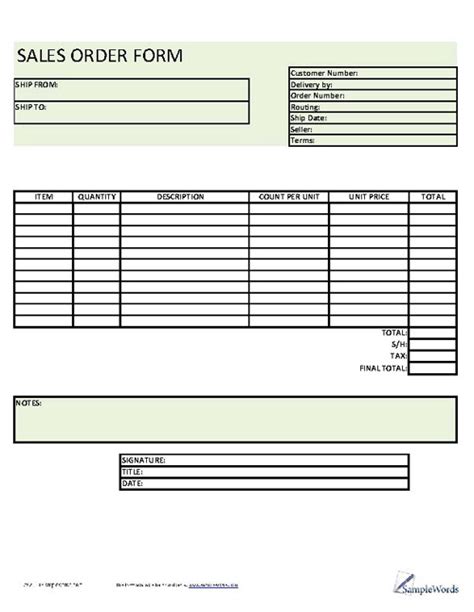 Order Form Excel Template