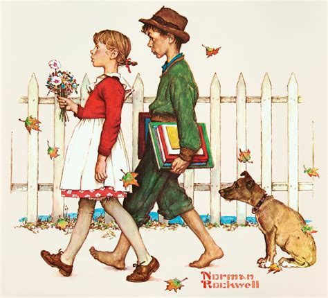 Young Love Walking To School 1949 By Norman Rockwell Paper Print