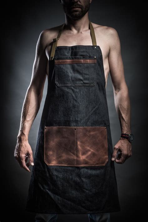 Denim Apron With Cowhide Leather Pockets And Military Belts Work Apron