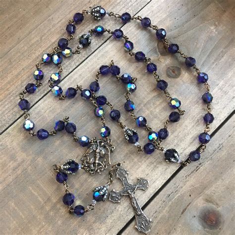 Rosary With St Michael Center Velvet Swarovski Crystal Etsy