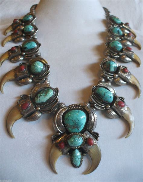 Vintage Navajo Sterling Silver Turquoise And Coral Squash Blossom Necklace Silver Turquoise