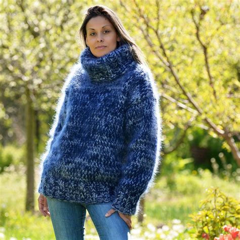 10 Strands Blue Hand Knitted Mohair Sweater Mix Thick Pullover M L
