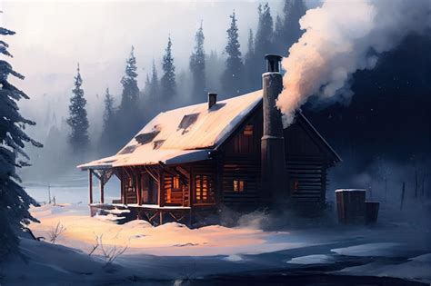 Premium Ai Image View Of A Cozy Cabin With Smoke Billowing From The