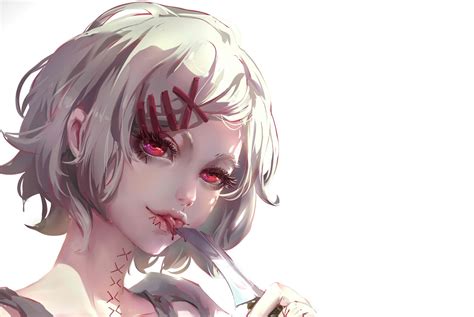 Masaüstü Anime Girls Kırmızı Gözler Bıçak Kan Tongue Out