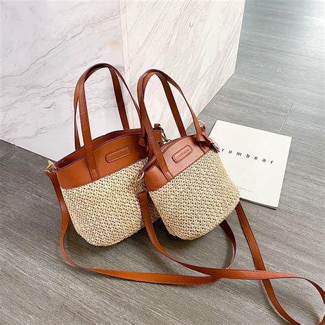 2021 Women Straw Bucket Bags Pu Leather Shoulder Bags New Etsy