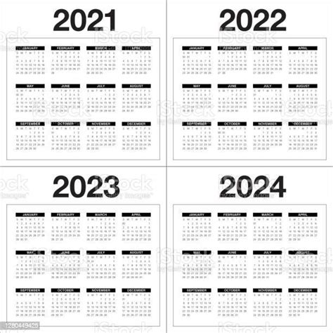 Year 2021 2022 2023 2024 Calendar Vector Design Template Stock