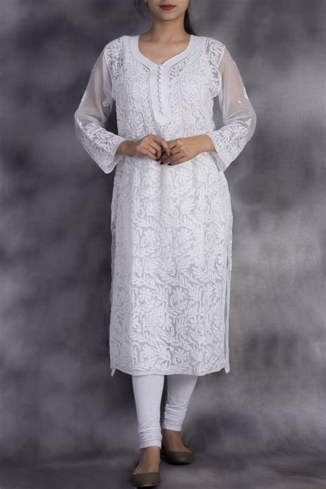 Buy Hand Embroidered White Georgette Lucknowi Chikan Kurti Ga250637