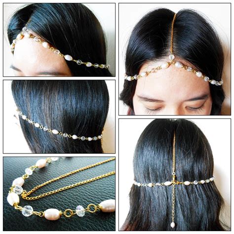 Hair Chain Accessory Gold Chain With Pearls And Crystal Beads Head