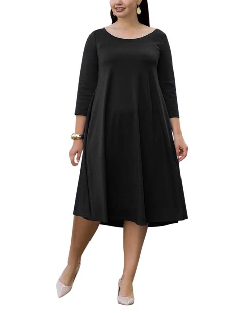 Women Plus Size Swing Dress Casual Scoop Neck 34 Sleeve Loose Fit Solid Color Midi Dresses