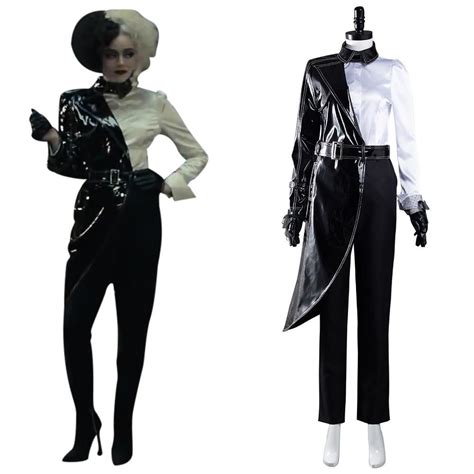 cruella cosplay costume black white shirt coat pants outfits halloween carnival suit black and