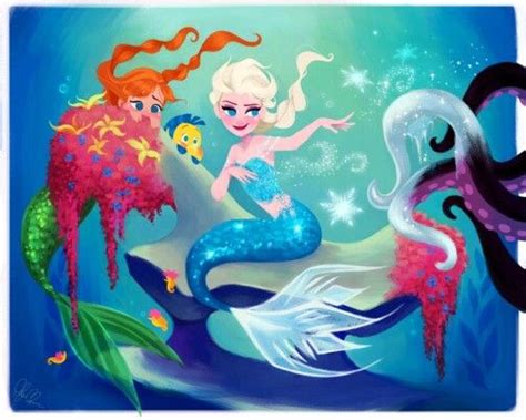 Anna And Elsa Both As Ariel As A Mermaid Feat Flounder And Ursula