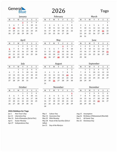 Free Togo Holidays Calendar For Year 2026