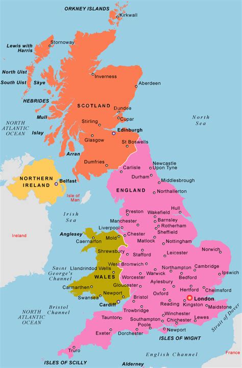 The united kingdom consists of a collection of islands which are located off the northwestern coast of europe between the atlantic ocean and the north sea. United Kingdom Map - Tripsmaps.com