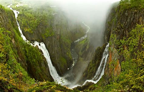 Wallpaper Trees Mountains Fog River Rocks Waterfall Stream
