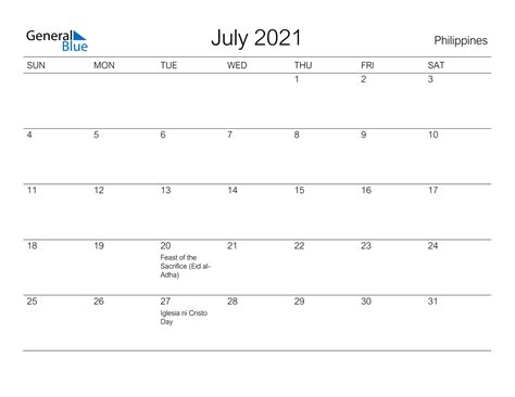 Philippines July 2021 Calendar With Holidays Gambaran