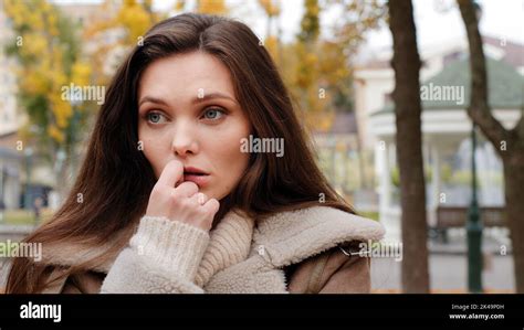 Doubtful Pensive Young Woman Brunette Caucasian Girl Stand Alone In