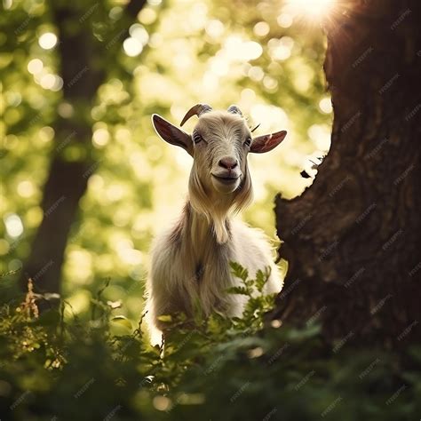 Premium Ai Image Beautiful Goat In Green Forest Generated By Ai