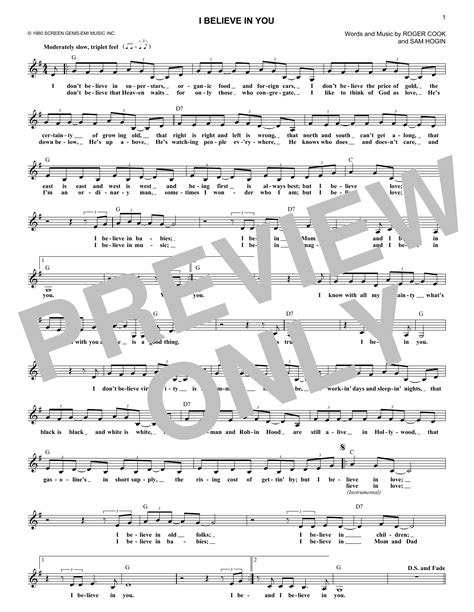 Don Williams I Believe In You Sheet Music