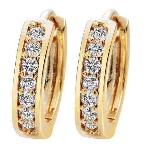 24k Gold Cubic Zirconia Round Hoop Earrings Filled Clear Womens Fashion